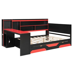 English Elm Queen Gaming Bed Frame with Desk Led Lighting Storage Drawers and Bookcase Headboard Black+Red LP000290AAJ