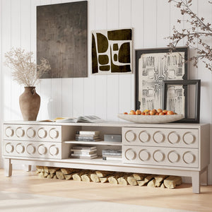 English Elm Modern Mid-Century Media Console with 4 Drawers and Concealed Cable Management, Stylish TV Stand Up to 75" White W757P305595