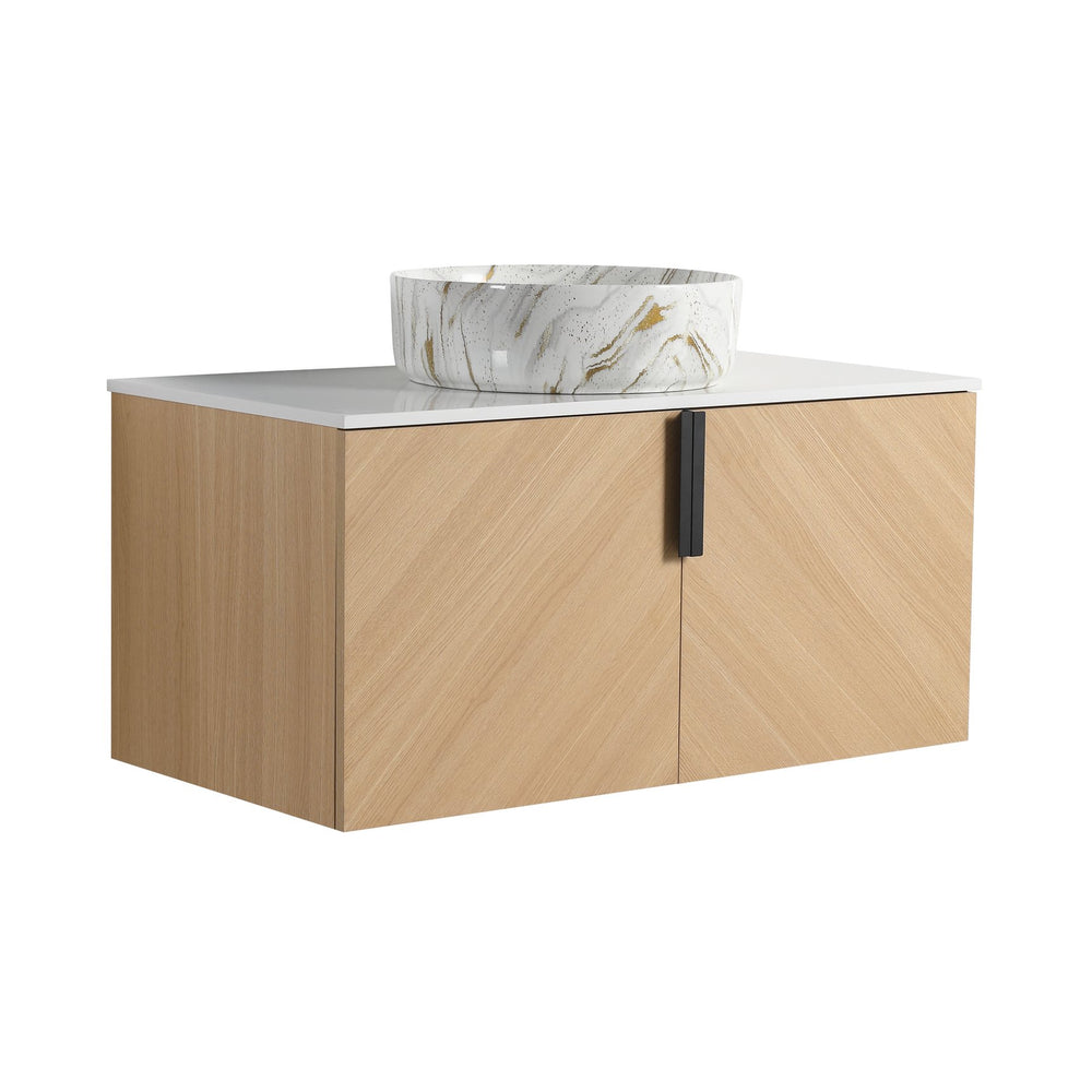 English Elm 36" Modern Bathroom Vanity With Ceramic Sink & Stone Slab, Wall-Mounted, Soft-Close Doors, Oak Finish W999S00450