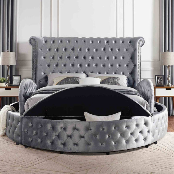 English Elm 1pc Glam Wingback Storage Bed Velvet Tufted Headboard with Usb Eastern King Gray B2741S00819