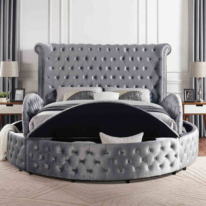 English Elm 1pc Glam Wingback Storage Bed Velvet Tufted Headboard with Usb Eastern King Gray B2741S00818
