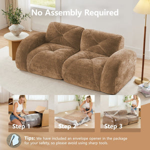 English Elm Three Seater Chenille Sofa with Ottoman Solid Wood Base Tufted Arms Living Room Camel W714S01635