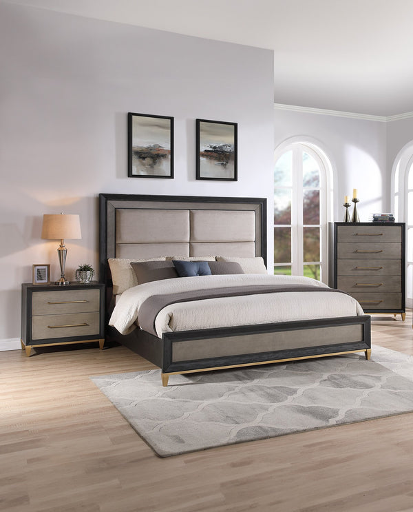 English Elm 1pc Elegant Queen Panel Bed Upholstered Headboard with Solid Wood Legs, Modern Luxe Bedroom Centerpiece Black,Brown,Gold 67.5 L x 48 W x 7 H B011S01220