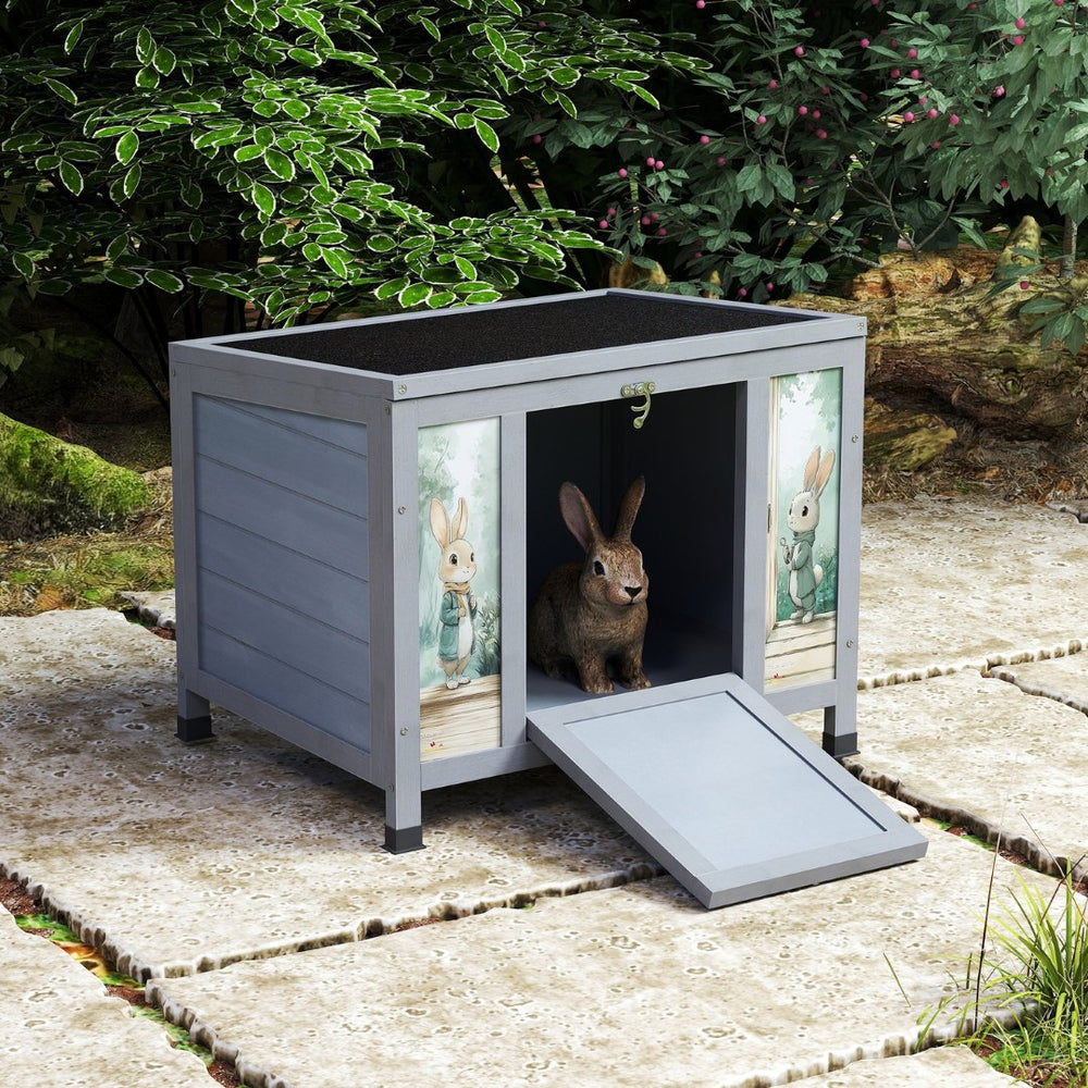 English Elm Small Spruce Wood Outdoor Rabbit Hutch Weatherproof Roof Ramp Access Pet Shelter W2181P356040