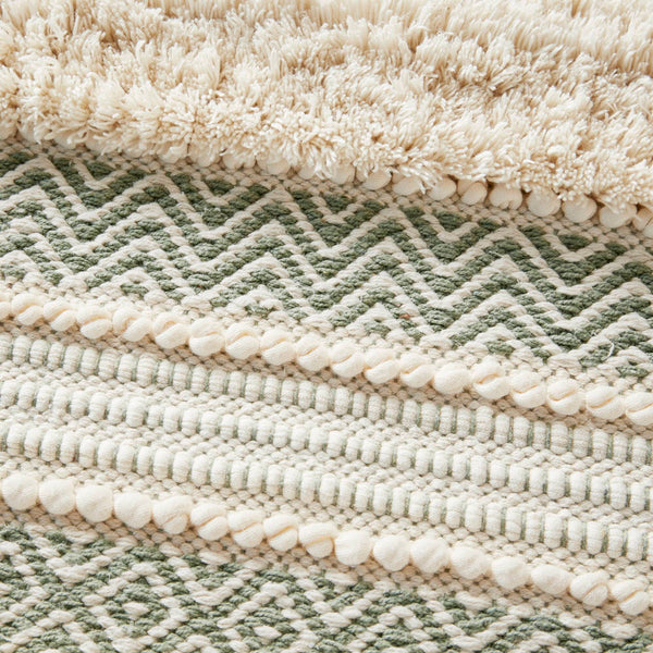 JLA Home INK+IVY - Bath Rug Hand-Woven Shaggy Taupe Geo Stripe Rug with Non-Skid Backing, Machine Washable Boho Chic Sage Green II72-1356