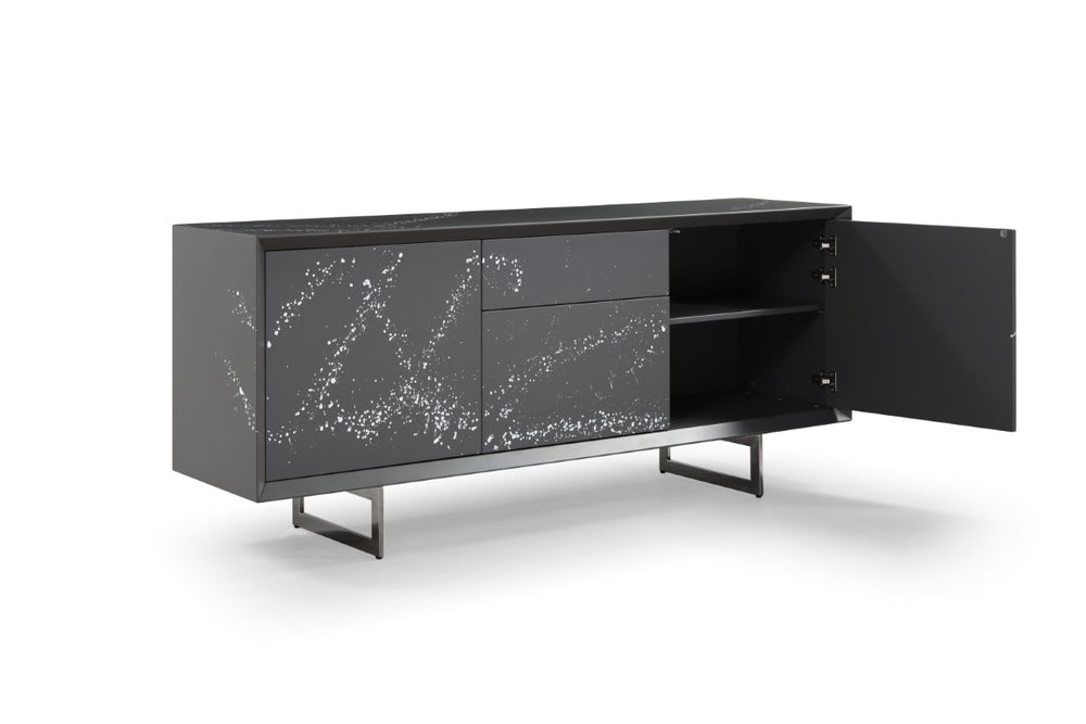 VIG Furniture Hawick Contemporary Buffet In Dark Grey Matte With White Abstract Paint Splatter, Stainless Legs, Ready-To-Use VGVCG2172-GRY
