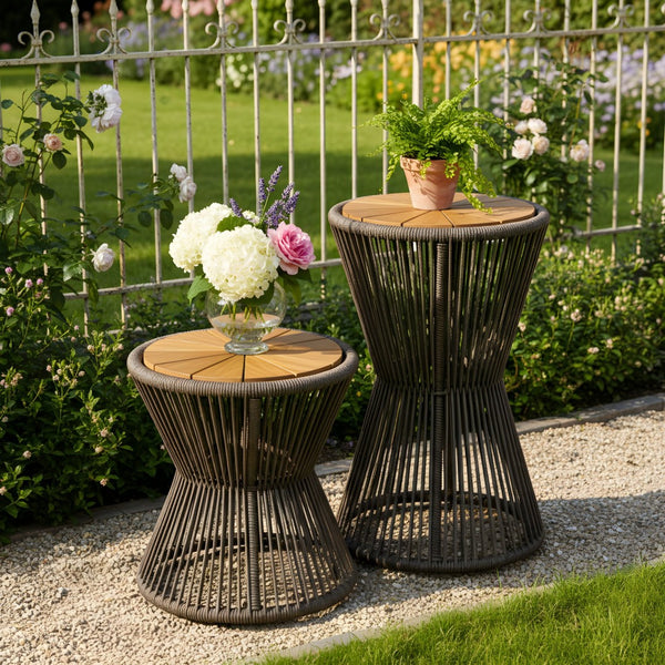 English Elm Scott Living Nara Outdoor Acacia Wood Side Tables with Woven Rope Iron Frame Set Dark Grey,Teak N770PS2354692D