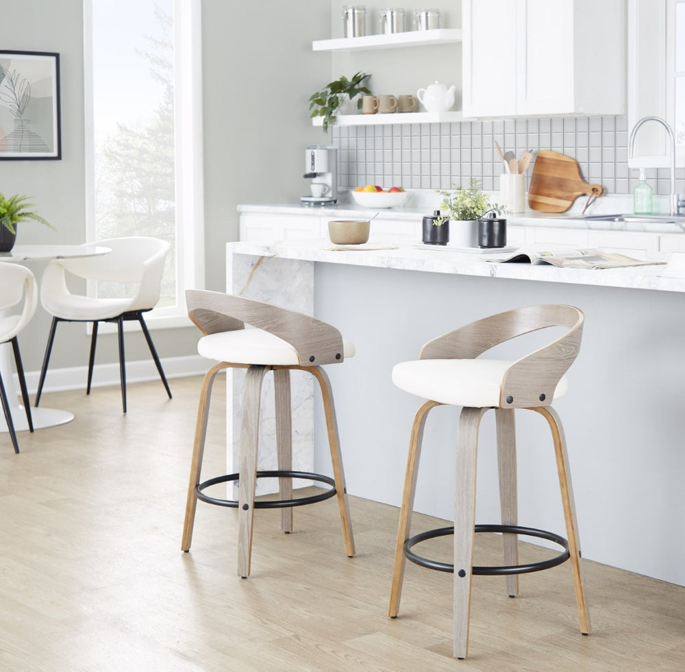 English Elm Fixed-height Swivel Counter Stools with Faux Leather Seats and Chrome Footrest Set of 2 B202S01829