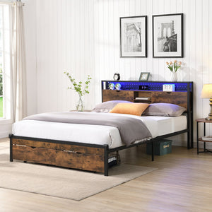 English Elm King Metal Platform Bed Frame with Wooden Headboard & Footboard USB, LED Lights, 2 Drawers Storage W2297P236977