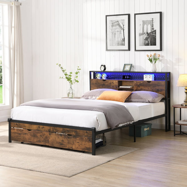 English Elm King Metal Platform Bed Frame with Wooden Headboard & Footboard USB, LED Lights, 2 Drawers Storage W2297P236977
