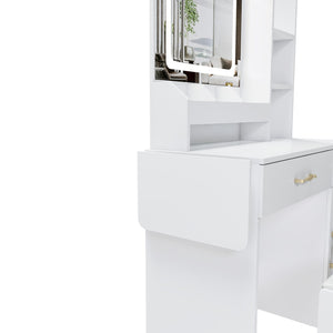 English Elm Vanity Desk with Led Mirror Touch Light Power Outlet Drawers and Storage Stool W2700P342538