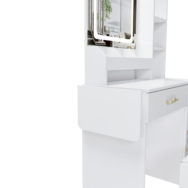 English Elm Vanity Desk with Led Mirror Touch Light Power Outlet Drawers and Storage Stool W2700P342538