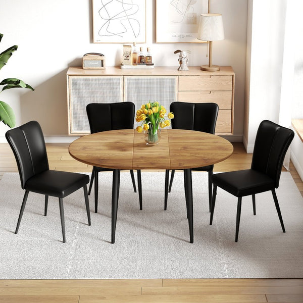 English Elm Table And Chair Set - Modern Extendable Mdf Dining Table With 4 Stylish Black Pu Chairs For Gatherings W1151S04145-GIGA
