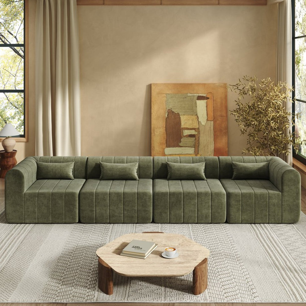 English Elm 145.5 Inch 4 Piece Modular Sectional Sofa Polyester Low Profile Living Room Couch Green N767P346281G