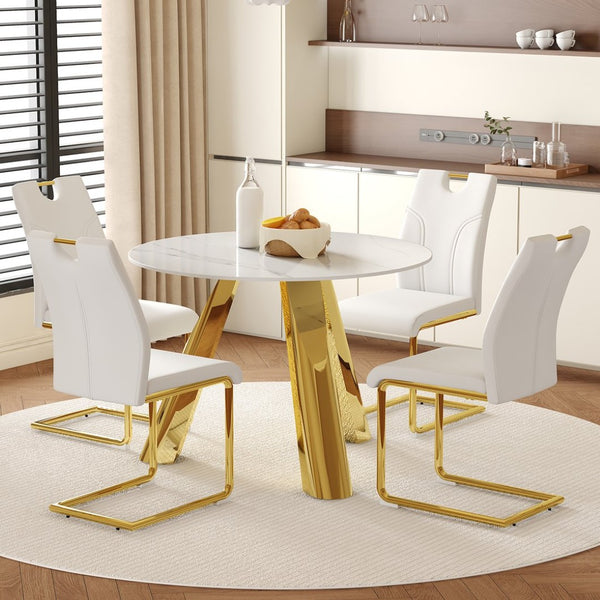 English Elm Table 5-Piece Dining Set With 42-Inch Round Snow Mountain White Top & Elegant Gold Leg Chairs W2920S00045-GIGA