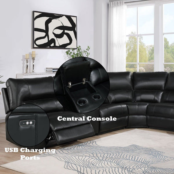 English Elm Saul Black Faux Leather Power Recliner Sectional with USB Ports, Cupholder Console & Storage - Sleek Comfort B2726S00121