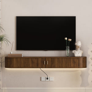 English Elm Floating Wall Mounted Media Console with Led Backlighting Mid-century Curved Design Brown W1321P476922