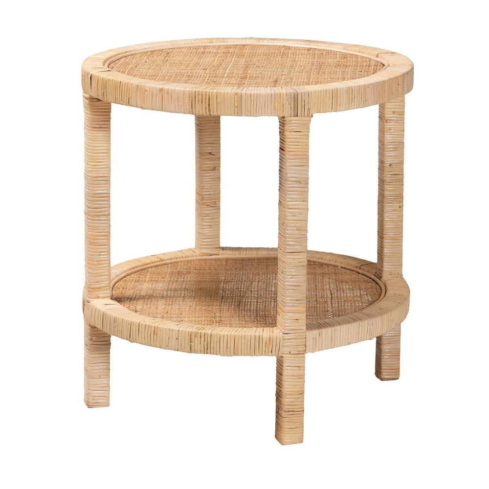English Elm Modern Rattan Woven Mahogany Two-tier Round End Table for Bohemian Living Spaces B2750P420367