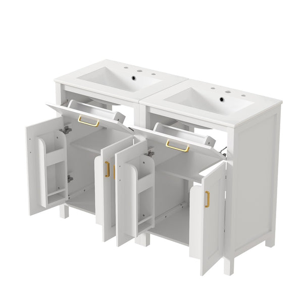 English Elm Modern 48 Inch Freestanding Bathroom Vanity Dual Ceramic Sinks Soft Close Gold Handles White N729P000008K