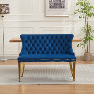 English Elm Velvet Wingback Dining Bench Tufted Two Seat Mid Century Modern Brushed Steel Base Blue W1143P406979