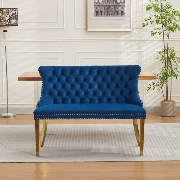 English Elm Velvet Wingback Dining Bench Tufted Two Seat Mid Century Modern Brushed Steel Base Blue W1143P406979