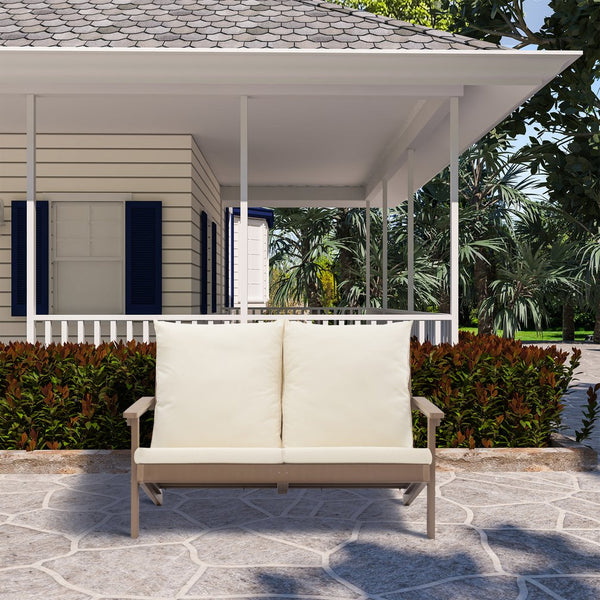 English Elm Outdoor Patio Loveseat Sofa Teak Finish HIPS Wood-Plastic Set with 4" Seat & 8" Back Cushions, UV-Rust Resistant T3609P352399