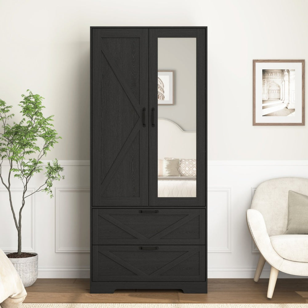English Elm 2 Door Wardrobe Closet with Full Length Mirror Motion Light Hanging Rod and Drawers Black W409P266778