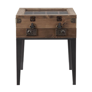 English Elm Rustic Oak Display Side Table with Trunk-Style Glass Top, Matte Gray Accents & Tapered Metal Legs B062P189236