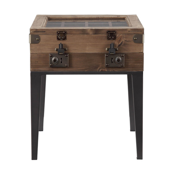 English Elm Rustic Oak Display Side Table with Trunk-Style Glass Top, Matte Gray Accents & Tapered Metal Legs B062P189236