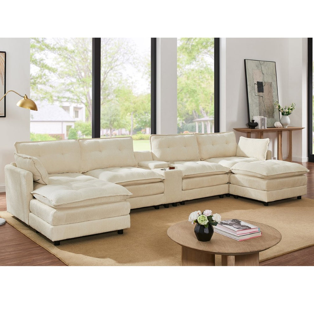 English Elm 154" Corduroy U-shaped Sectional with Ottomans Six Seat Modular Cloud Sofa Usb Console Beige W1998S00101