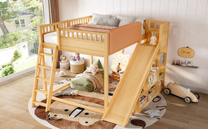 English Elm Full Size Kids Loft Bed Pine Frame Upholstered Headboard Built in Slide and Storage Shelves Natural W1580S00306