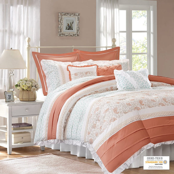 JLA Home Madison Park - 9 Piece Cotton Percale Comforter Set Madison Park Dawn — Paisley, Lace & Pintuck Cottage Chic, OEKO-TEX Certified MP10-2795