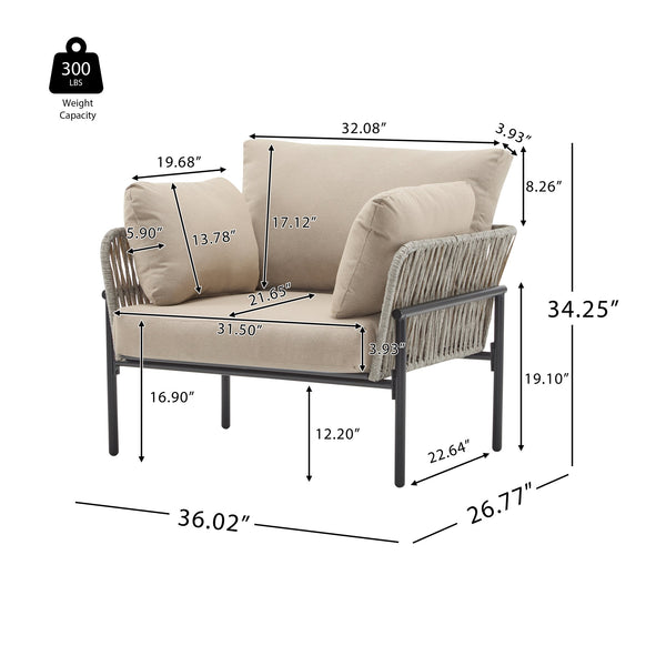 English Elm Christopher Knight Home® - [Set Of 2] 36" Beige Iron Lounge Chairs With Plush Cushions & Rope Weave, Perfect For Indoor/Outdoor N767P237035G_2