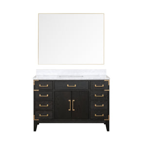 English Elm Black Oak 48-Inch Single Bath Vanity With Carrara Marble Top & Elegant 46-Inch Mirror For Modern Homes B2731S02128