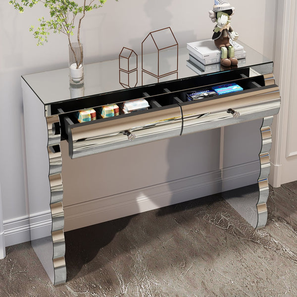 English Elm Mirror silver console table with curved mirrored glass, 2 drawers, solid wood frame, luxe hallway focal piece W3836P370243