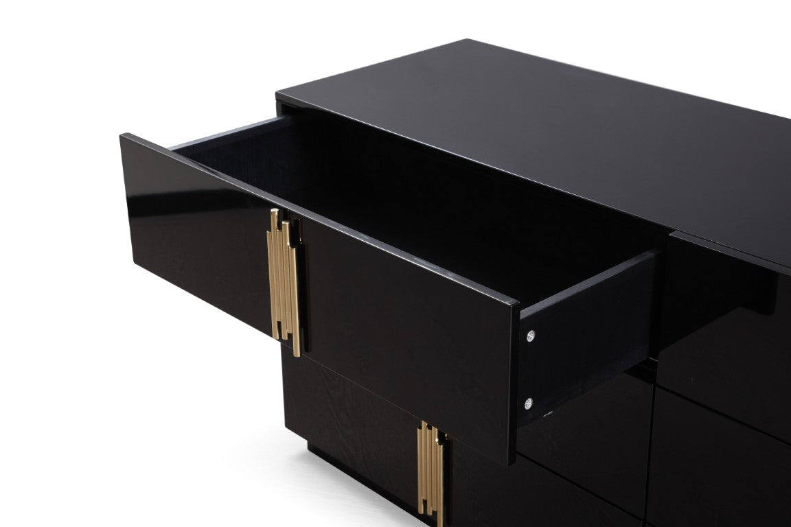 Token High-Gloss Black Wide Dresser With Champagne Gold Handles, 6 Sof