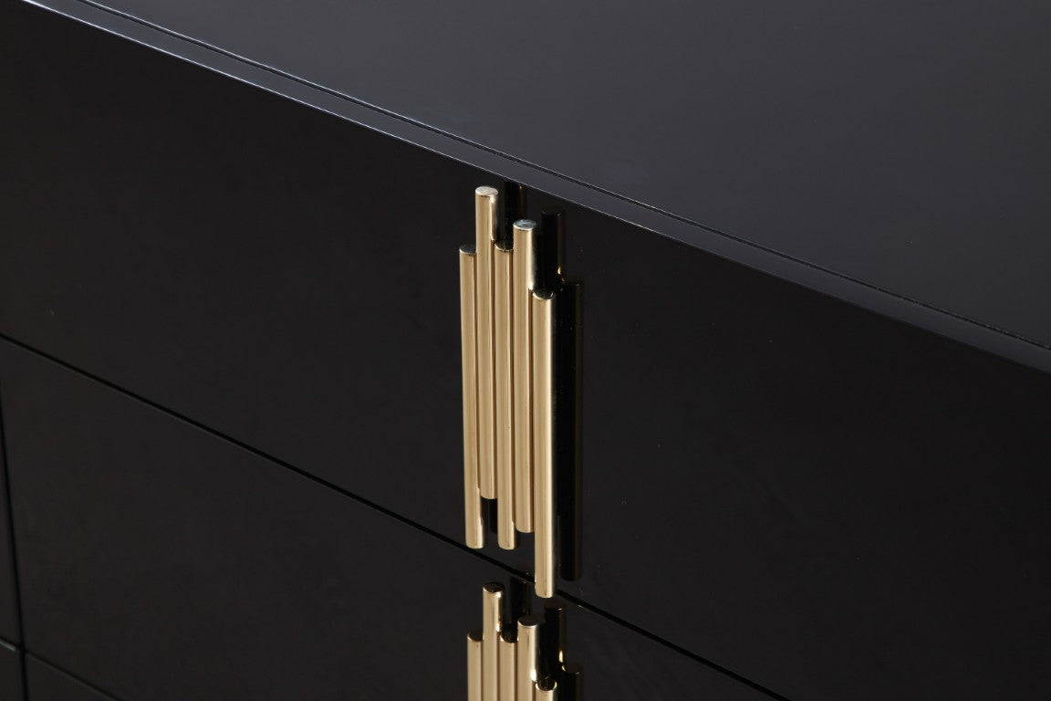 Token High-Gloss Black Wide Dresser With Champagne Gold Handles, 6 Sof