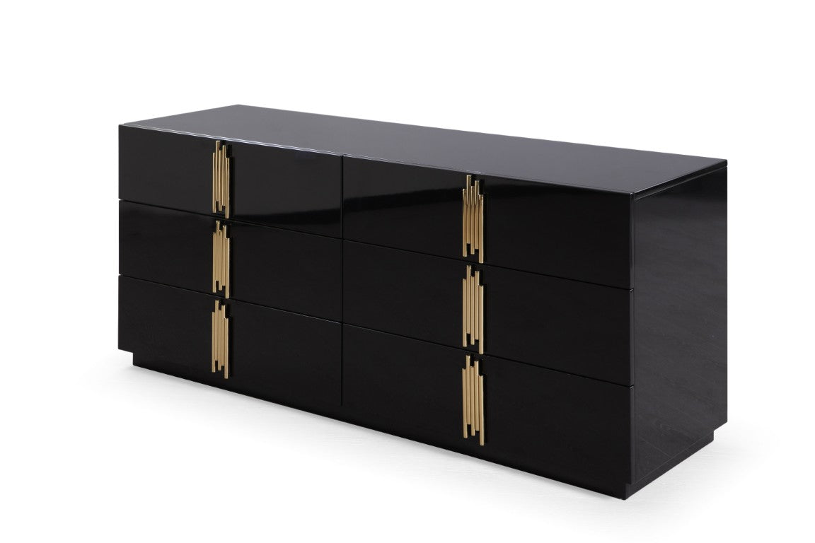 Token High-Gloss Black Wide Dresser With Champagne Gold Handles, 6 Sof