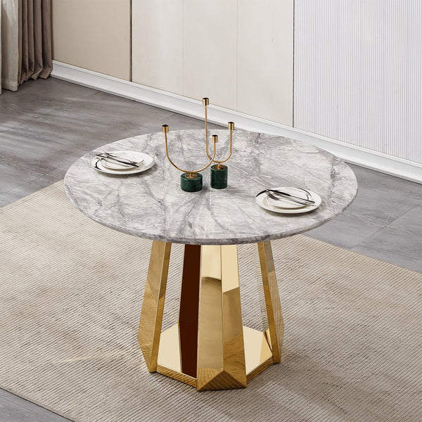 English Elm 47" Round Marble Dining Table - Chic Faux Marble Top & Gold Stainless Steel Base - Versatile & Durable Design For Any Space W3456S00009