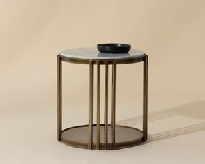 Sunpan Naxos Side Table - Elegant Carrara Marble & Smoked Glass Design with Rustic Bronze Frame for Luxury Spaces