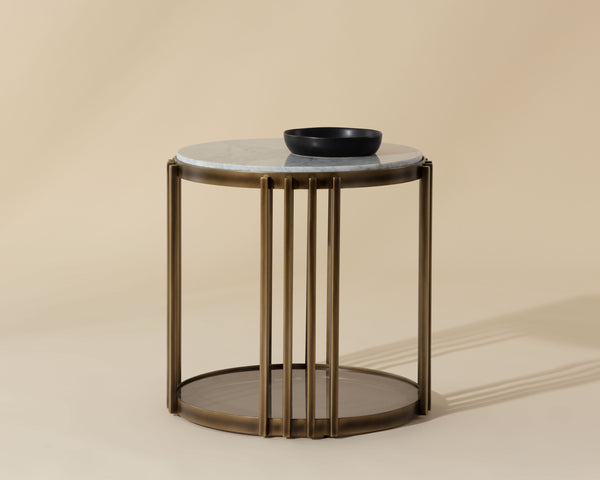 Sunpan Naxos Side Table - Elegant Carrara Marble & Smoked Glass Design with Rustic Bronze Frame for Luxury Spaces