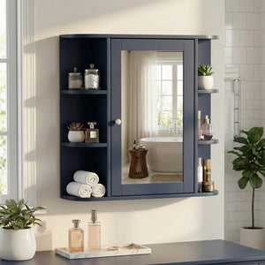 English Elm Bathroom Wall Cabinet with Mirror Door Open Shelving and Adjustable Interior Storage Blue N817P375228B
