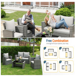 English Elm 4-piece Outdoor Wicker Conversation Set with Tempered Glass Table and Resort Style Grey+Brown B082S00059