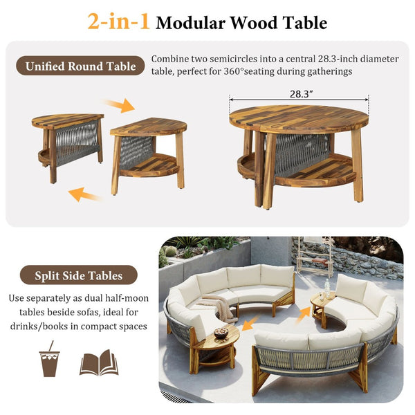 English Elm U_style Circular Patio Sofa Set Pp Rope Woven Steel Frame Acacia Wood Resort Lounge Beige WY000468AAA
