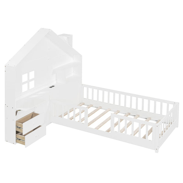 English Elm Twin House Bed Frame with Drawers Shelves and Usb Charging for Kids Bedroom LT000422AAK-1