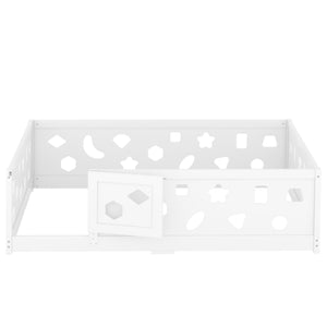 English Elm Full Size Floor Bed With Safety Guardrails & Built-In Door, Solid Wood Frame For Kids' Bedrooms & Playrooms W1820P240541