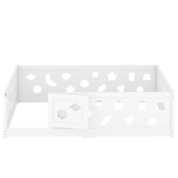 English Elm Full Size Floor Bed With Safety Guardrails & Built-In Door, Solid Wood Frame For Kids' Bedrooms & Playrooms W1820P240541