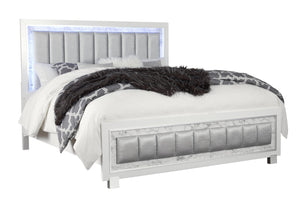 English Elm SKYE Luxurious Marble-Accented King Bed with Padded LED Headboard, Solid Wood Frame, Panel Design White 65.75 L x 4.72 W x 25.98 H B201S00118