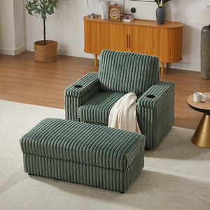 English Elm 42.5-inch corduroy single recliner with cup holder, storage ottoman, plush back pillow for lounging Green W834P375120