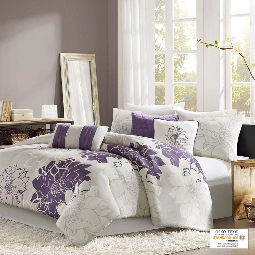 JLA Home Madison Park - Printed Cotton Sateen Comforter Set with Purple Floral Print, Taupe Bed Skirt & OEKO‑TEX Safety 90 L x 90 W x 1.5H MP10-257